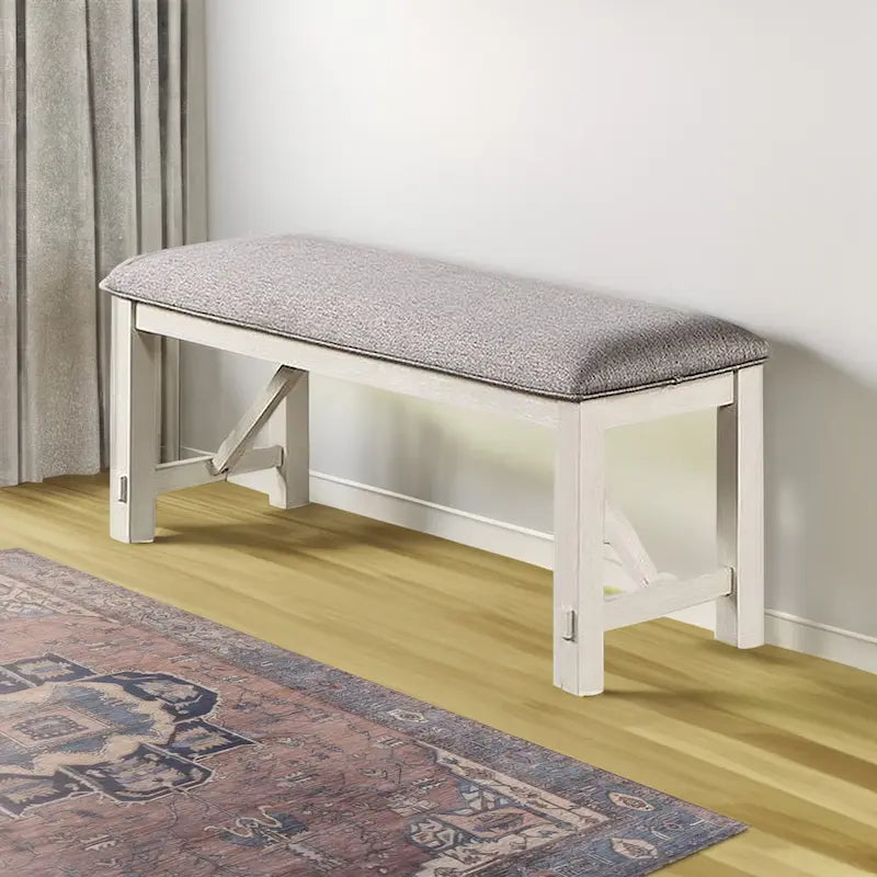 Banc de salle à manger Lexi de 50 pouces, assise rembourrée en tissu, bois d'hévéa, gris et blanc