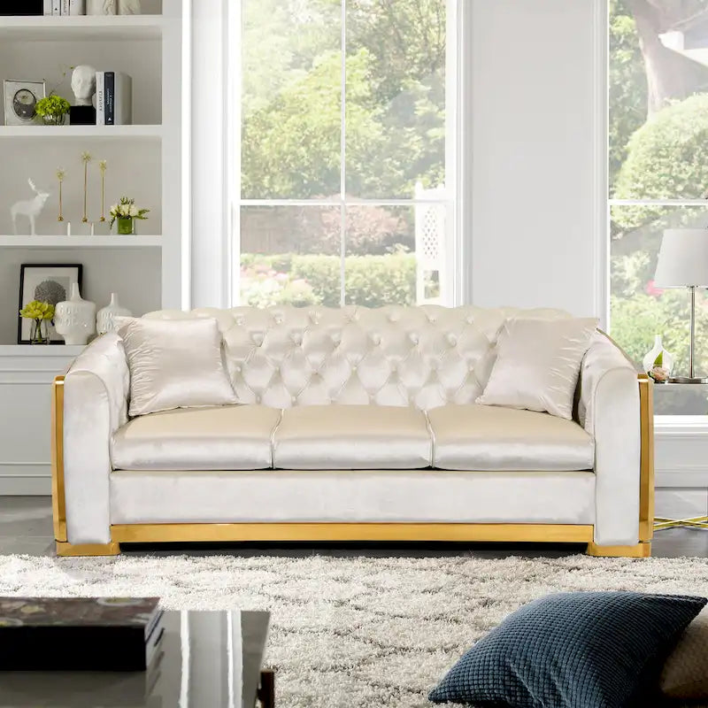 Ensemble de canapés de luxe Chesterield en velours, canapé 3 places capitonné de 213 cm avec pieds en acier inoxydable doré pour salon, tissu beige