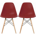 Lot de 2 chaises de salle à manger modernes du milieu du siècle, sans accoudoirs, avec coque en plastique et piètement en bois naturel de type Eiffel, couleur rouge