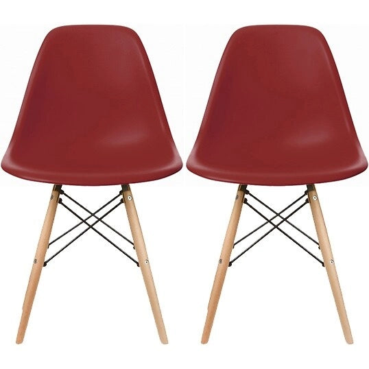 Lot de 2 chaises de salle à manger modernes du milieu du siècle, sans accoudoirs, avec coque en plastique et piètement en bois naturel de type Eiffel, couleur rouge