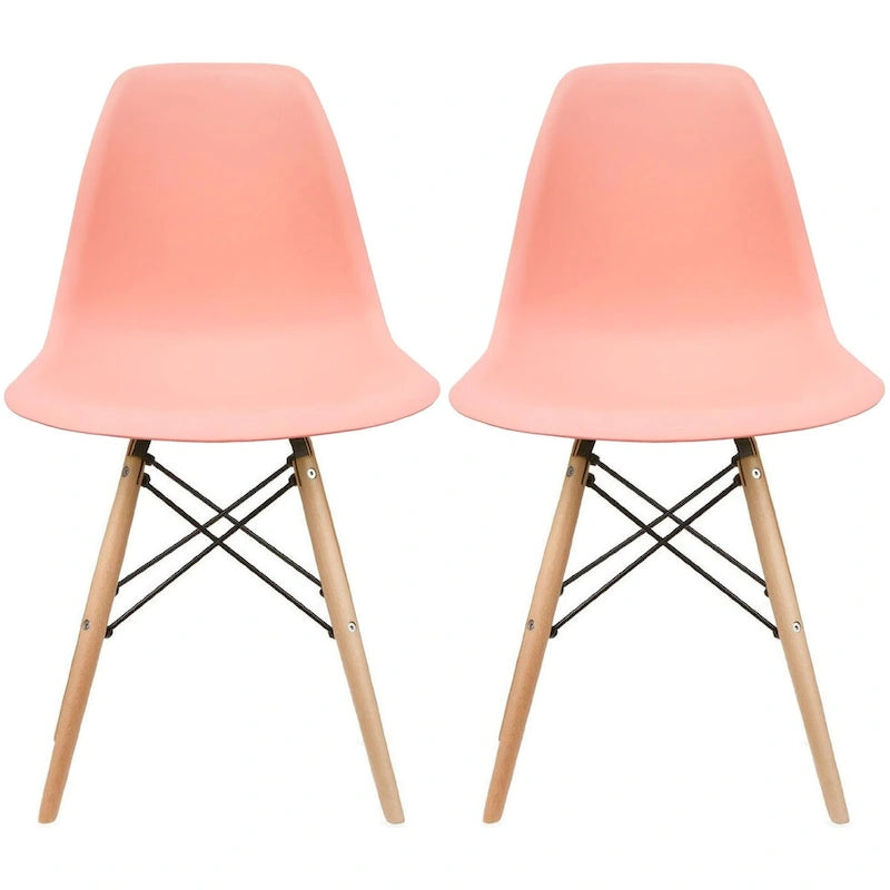 Lot de 2 chaises de salle à manger modernes du milieu du siècle, sans accoudoirs, avec coque en plastique et piètement en bois naturel de type Eiffel, couleur rouge