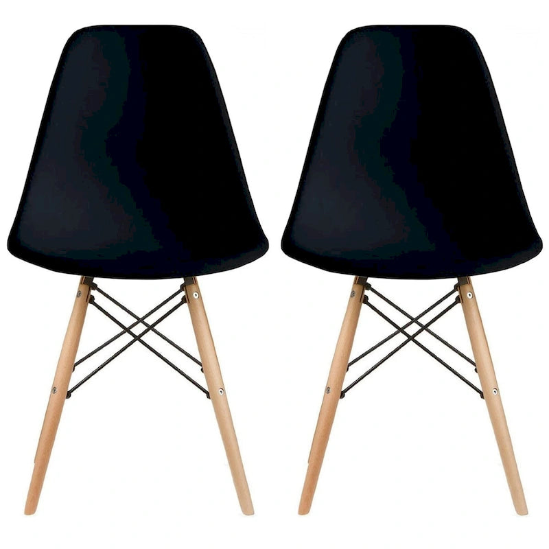 Lot de 2 chaises de salle à manger modernes du milieu du siècle, sans accoudoirs, avec coque en plastique et piètement en bois naturel de type Eiffel, couleur rouge