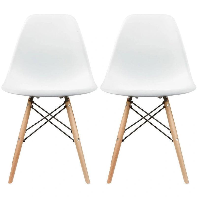 Lot de 2 chaises de salle à manger modernes du milieu du siècle, sans accoudoirs, avec coque en plastique et piètement en bois naturel de type Eiffel, couleur rouge
