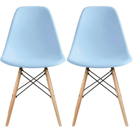 Lot de 2 chaises de salle à manger modernes du milieu du siècle, sans accoudoirs, avec coque en plastique et piètement en bois naturel de type Eiffel, couleur rouge