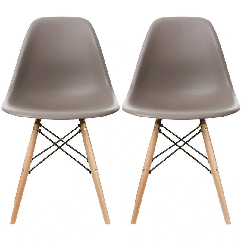 Lot de 2 chaises de salle à manger modernes du milieu du siècle, sans accoudoirs, avec coque en plastique et piètement en bois naturel de type Eiffel, couleur rouge