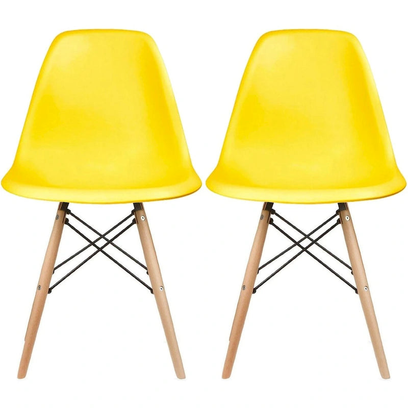 Lot de 2 chaises de salle à manger modernes du milieu du siècle, sans accoudoirs, avec coque en plastique et piètement en bois naturel de type Eiffel, couleur rouge
