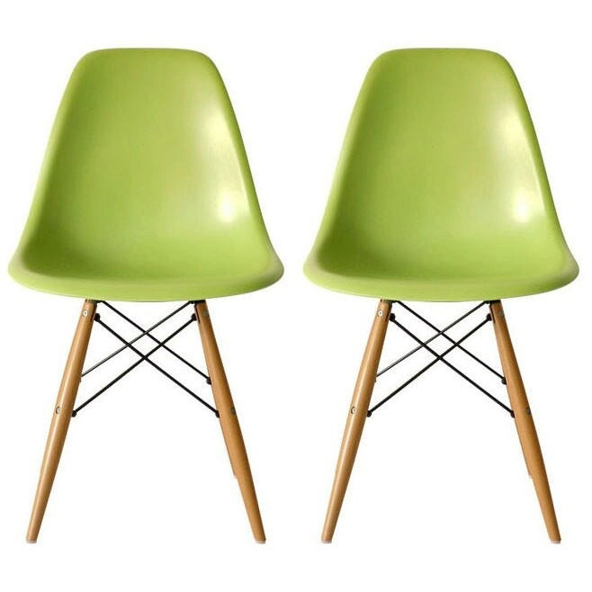 Lot de 2 chaises de salle à manger modernes du milieu du siècle, sans accoudoirs, avec coque en plastique et piètement en bois naturel de type Eiffel, couleur rouge