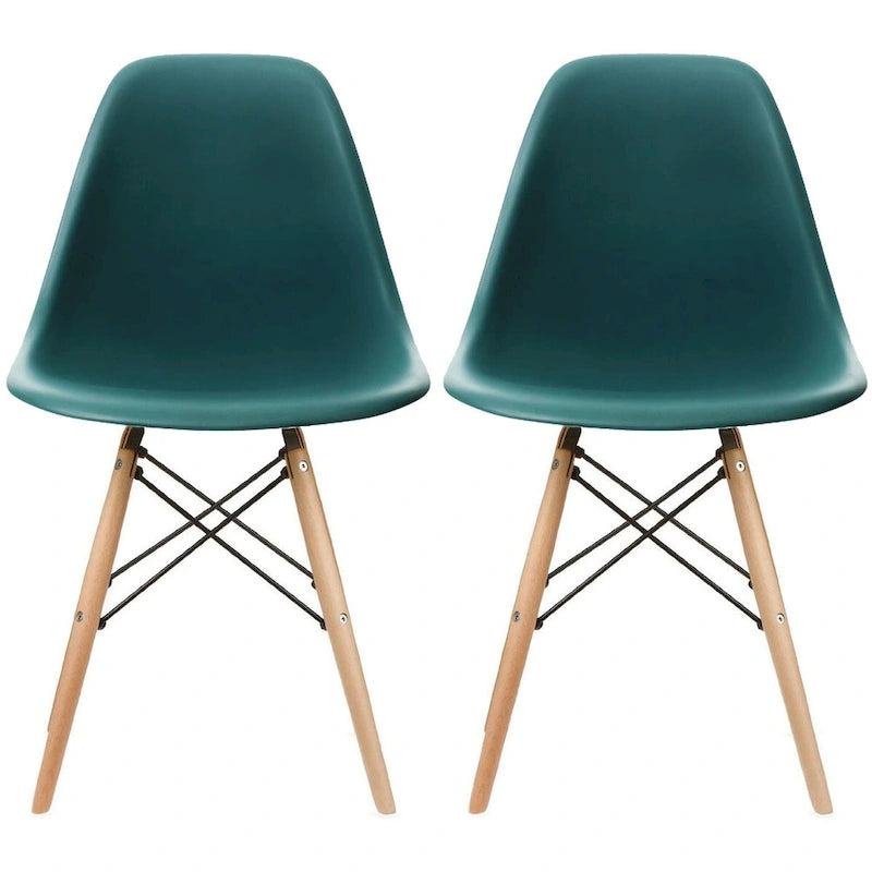 Lot de 2 chaises de salle à manger modernes du milieu du siècle, sans accoudoirs, avec coque en plastique et piètement en bois naturel de type Eiffel, couleur rouge