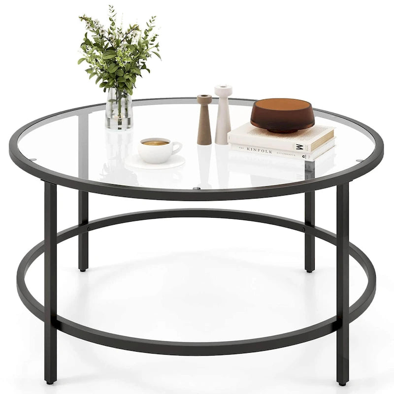 Costway Table Basse Ronde 36 Po Plateau en Verre Trempé Cadre en Métal - Voir Détails