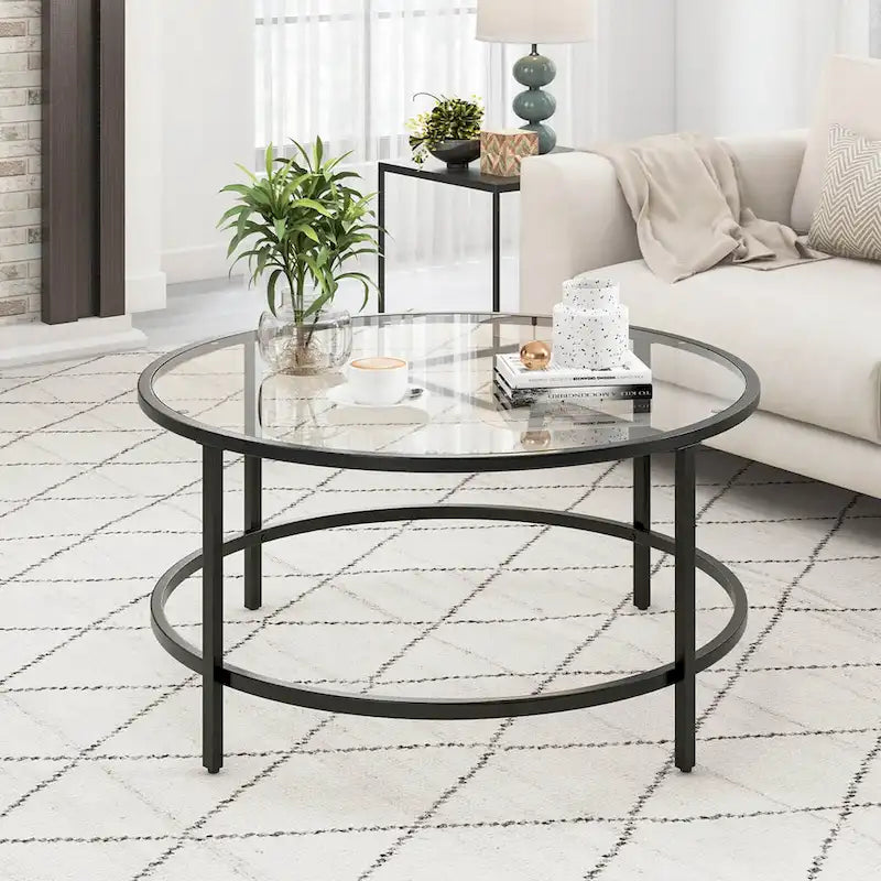 Costway Table Basse Ronde 36 Po Plateau en Verre Trempé Cadre en Métal - Voir Détails