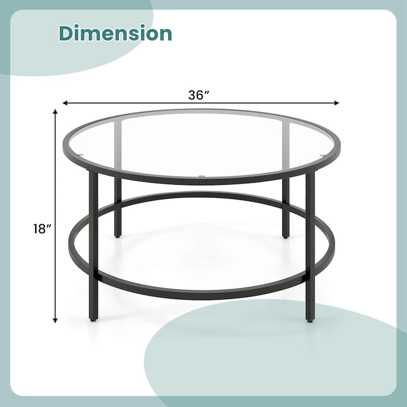 Costway Table Basse Ronde 36 Po Plateau en Verre Trempé Cadre en Métal - Voir Détails