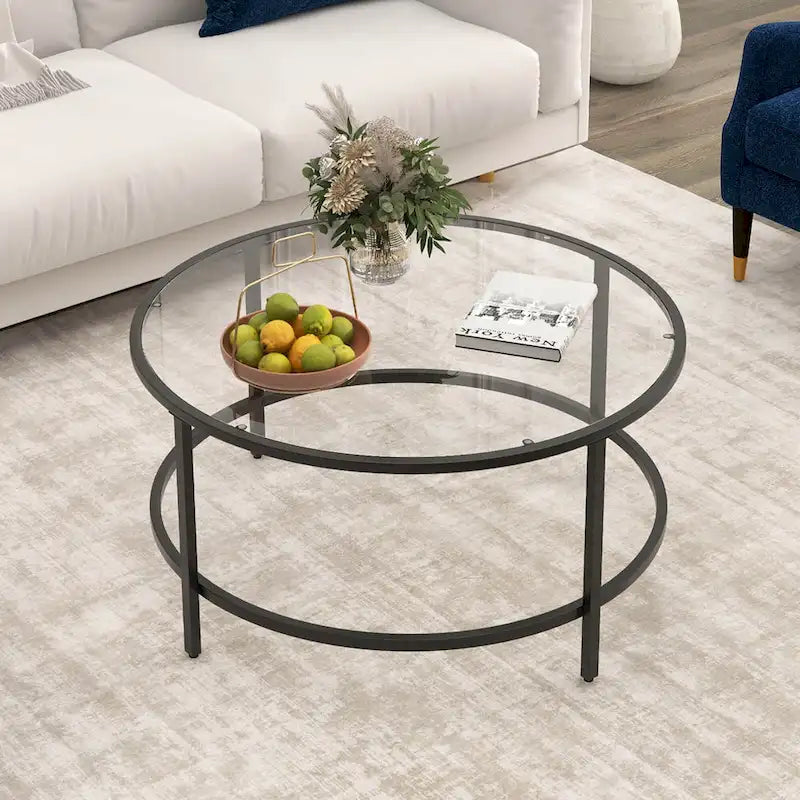 Costway Table Basse Ronde 36 Po Plateau en Verre Trempé Cadre en Métal - Voir Détails