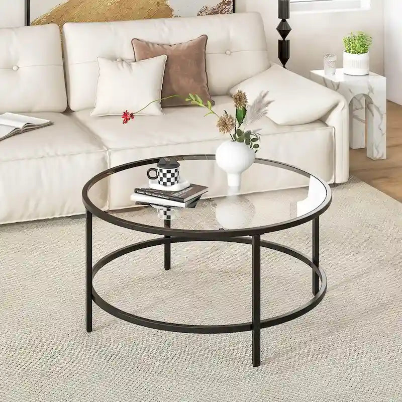 Costway Table Basse Ronde 36 Po Plateau en Verre Trempé Cadre en Métal - Voir Détails