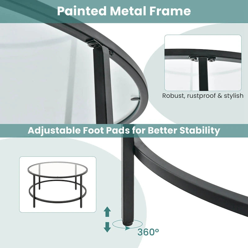 Costway Table Basse Ronde 36 Po Plateau en Verre Trempé Cadre en Métal - Voir Détails