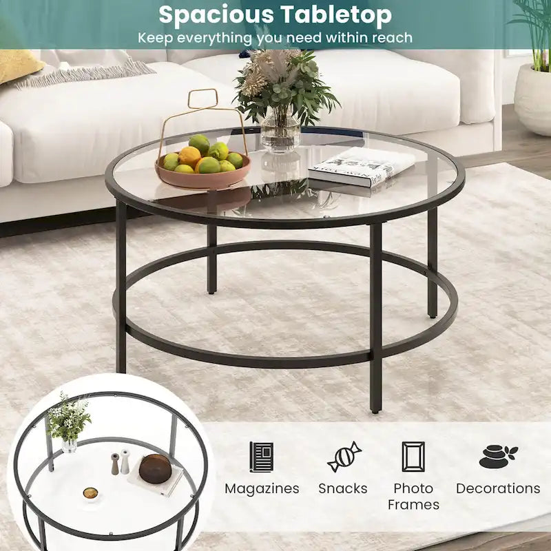 Costway Table Basse Ronde 36 Po Plateau en Verre Trempé Cadre en Métal - Voir Détails