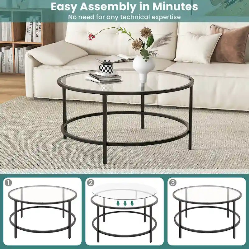 Costway Table Basse Ronde 36 Po Plateau en Verre Trempé Cadre en Métal - Voir Détails