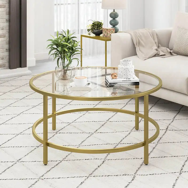 Costway Table Basse Ronde 36 Po Plateau en Verre Trempé Cadre en Métal - Voir Détails