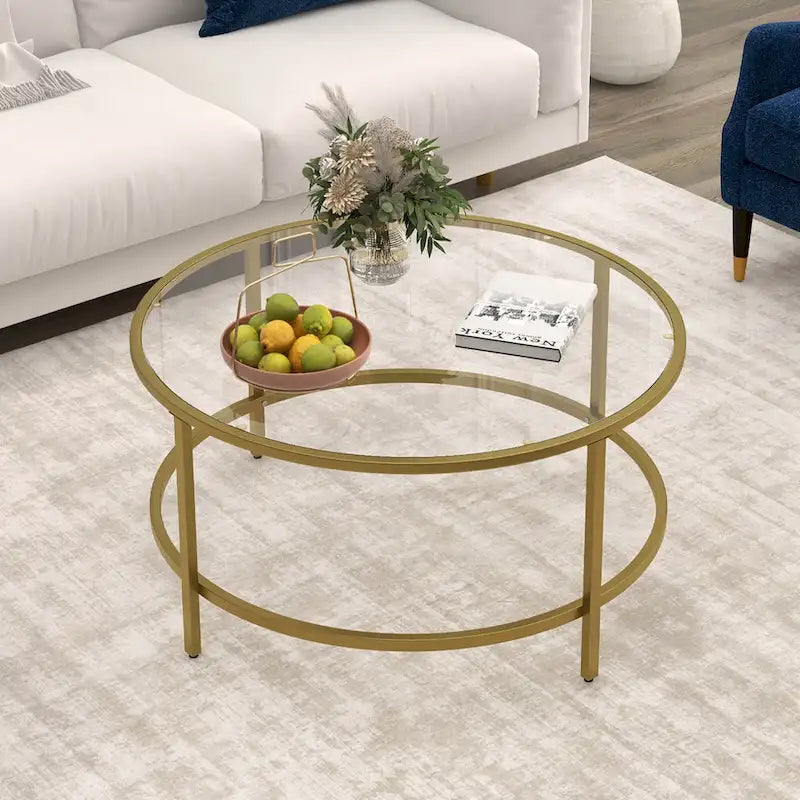 Costway Table Basse Ronde 36 Po Plateau en Verre Trempé Cadre en Métal - Voir Détails