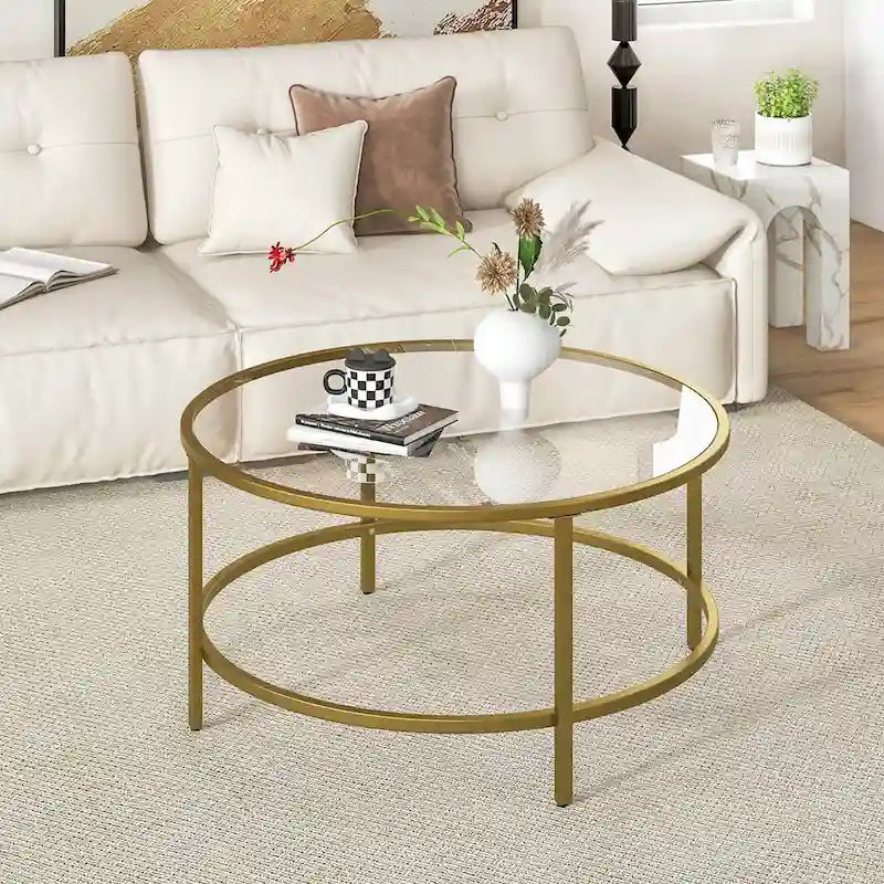 Costway Table Basse Ronde 36 Po Plateau en Verre Trempé Cadre en Métal - Voir Détails