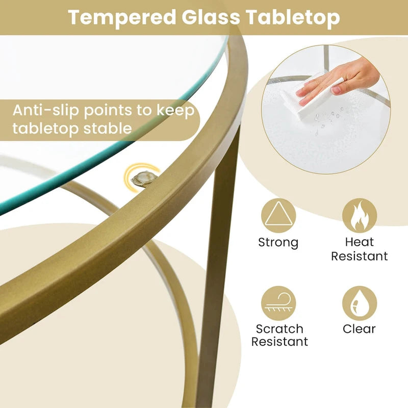 Costway Table Basse Ronde 36 Po Plateau en Verre Trempé Cadre en Métal - Voir Détails