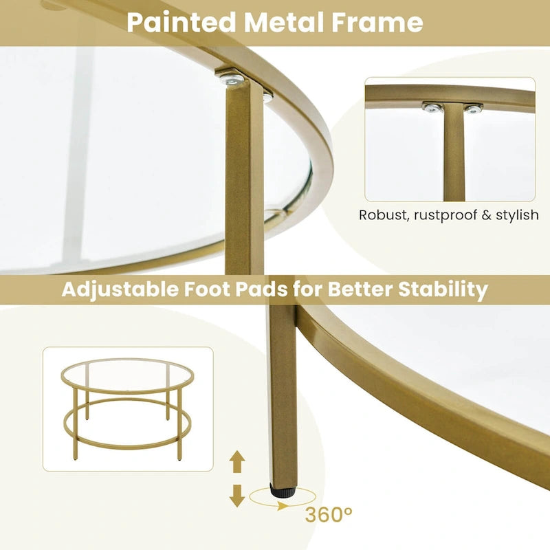 Costway Table Basse Ronde 36 Po Plateau en Verre Trempé Cadre en Métal - Voir Détails