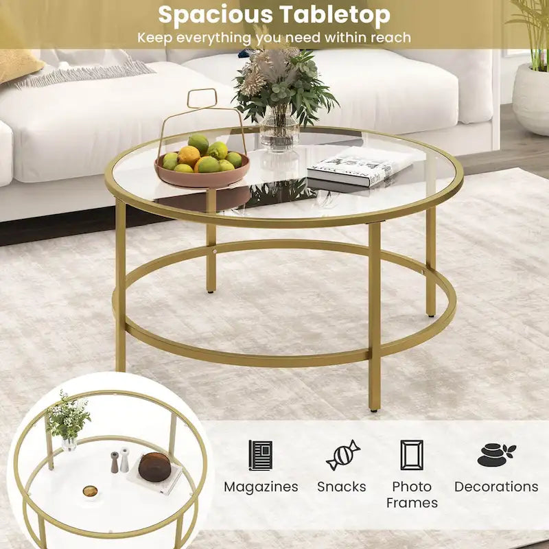 Costway Table Basse Ronde 36 Po Plateau en Verre Trempé Cadre en Métal - Voir Détails