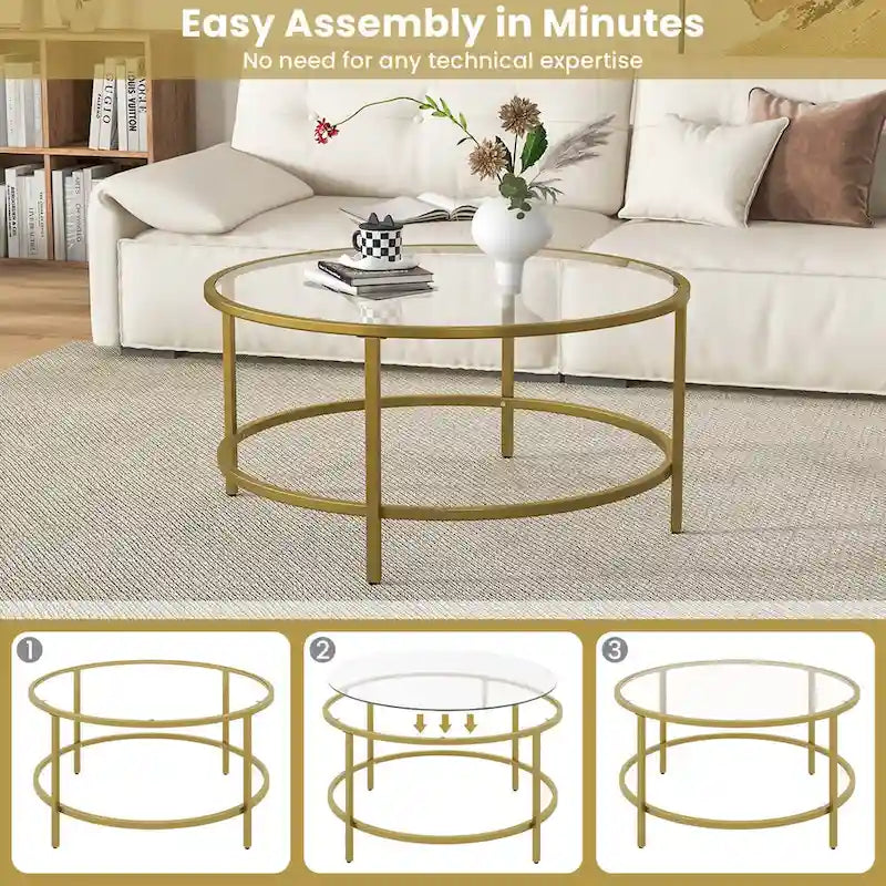 Costway Table Basse Ronde 36 Po Plateau en Verre Trempé Cadre en Métal - Voir Détails