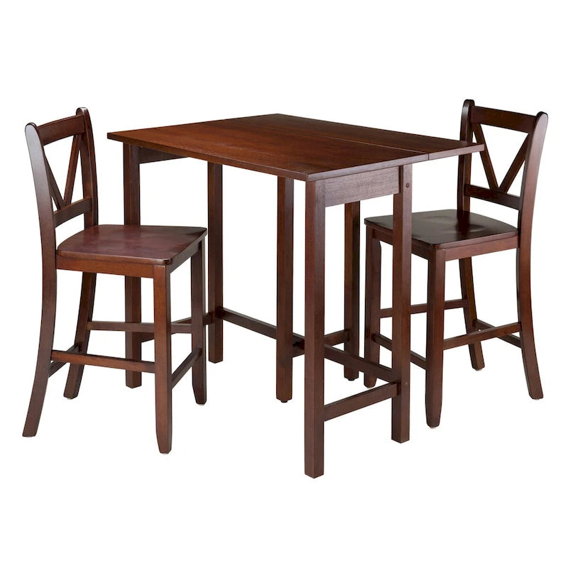 Table à rabats 3 pièces avec tabourets de comptoir à dossier en V, Noyer