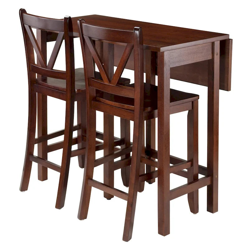 Table à rabats 3 pièces avec tabourets de comptoir à dossier en V, Noyer