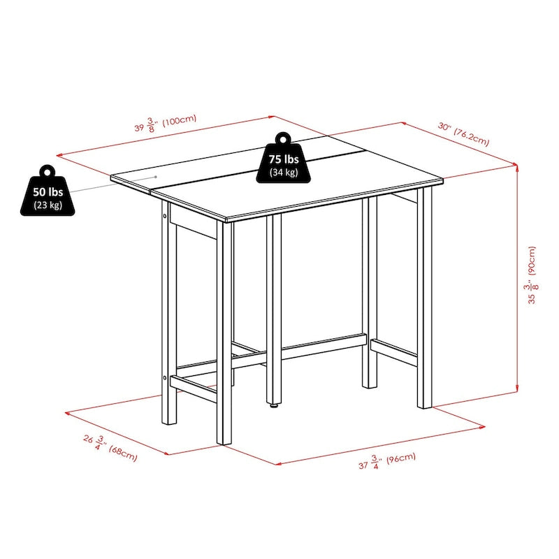 Table à rabats 3 pièces avec tabourets de comptoir à dossier en V, Noyer