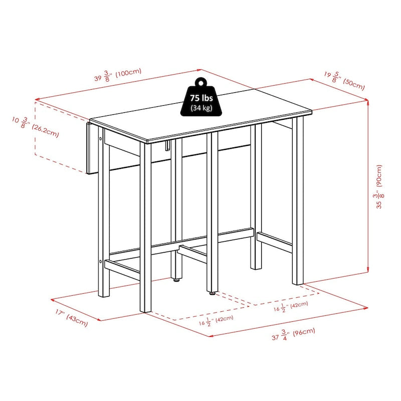 Table à rabats 3 pièces avec tabourets de comptoir à dossier en V, Noyer