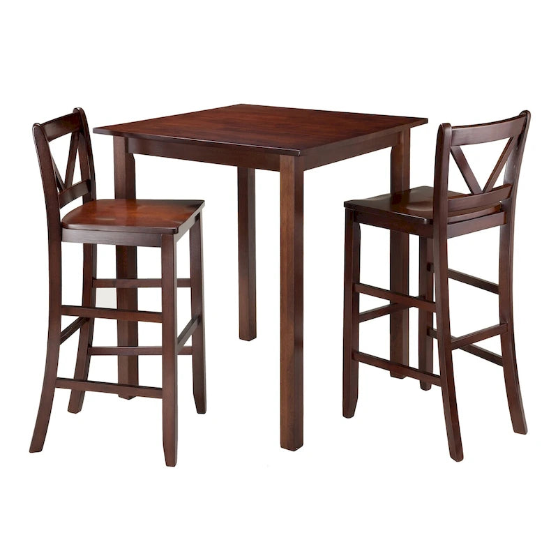 Table haute 3 pièces avec tabourets de bar à dossier en V, noyer