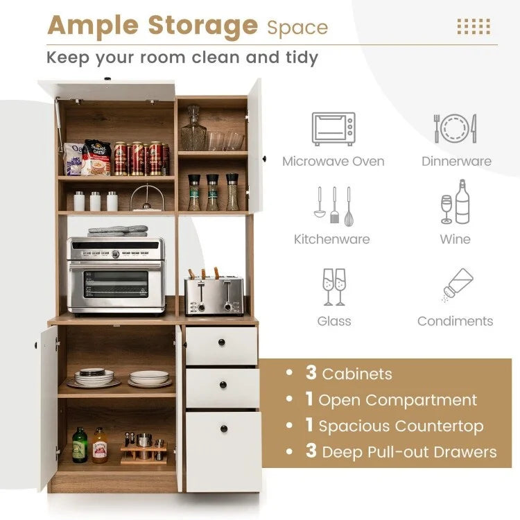Garde-manger de cuisine de 180 cm avec 3 armoires de rangement et 3 tiroirs profonds