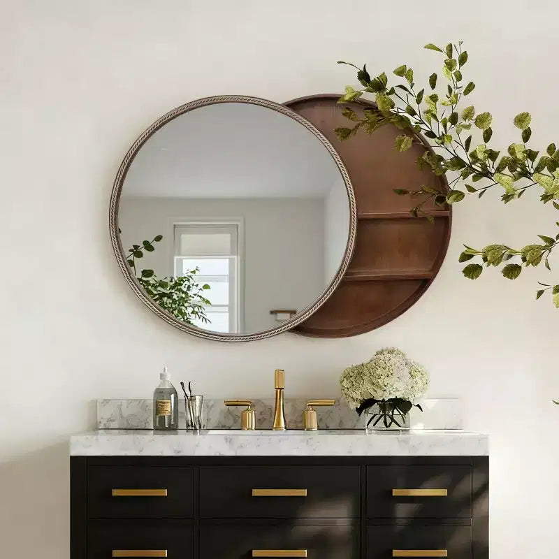 23.6 Miroir mural rond coulissant moderne avec rangement, miroir de courtoisie peu encombrant pour salle de bain, miroir décoratif pour salon