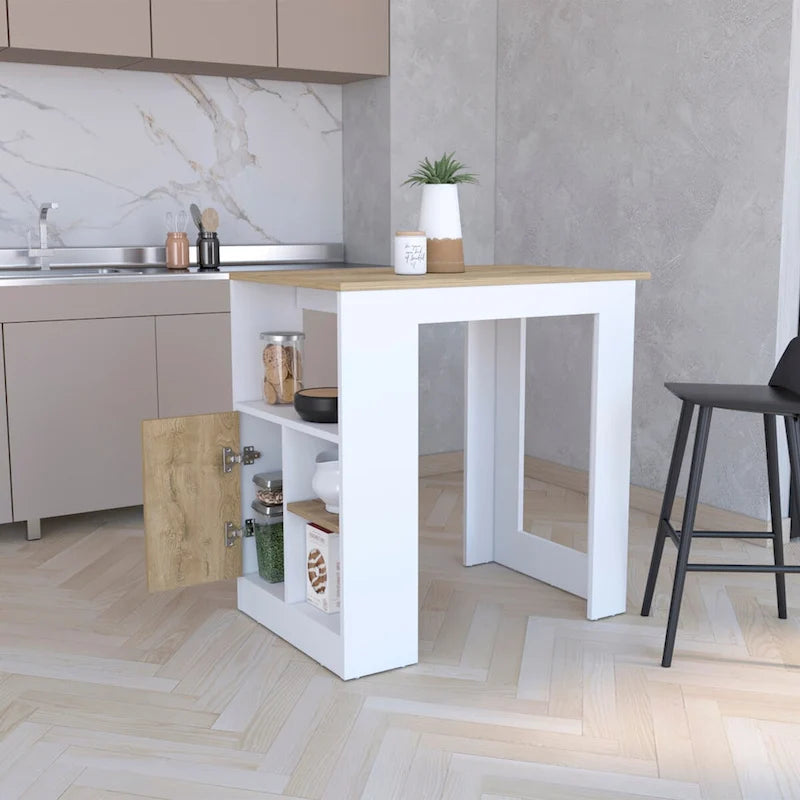 Îlot de cuisine avec meuble 1 porte système « Push to open » et étagères latérales