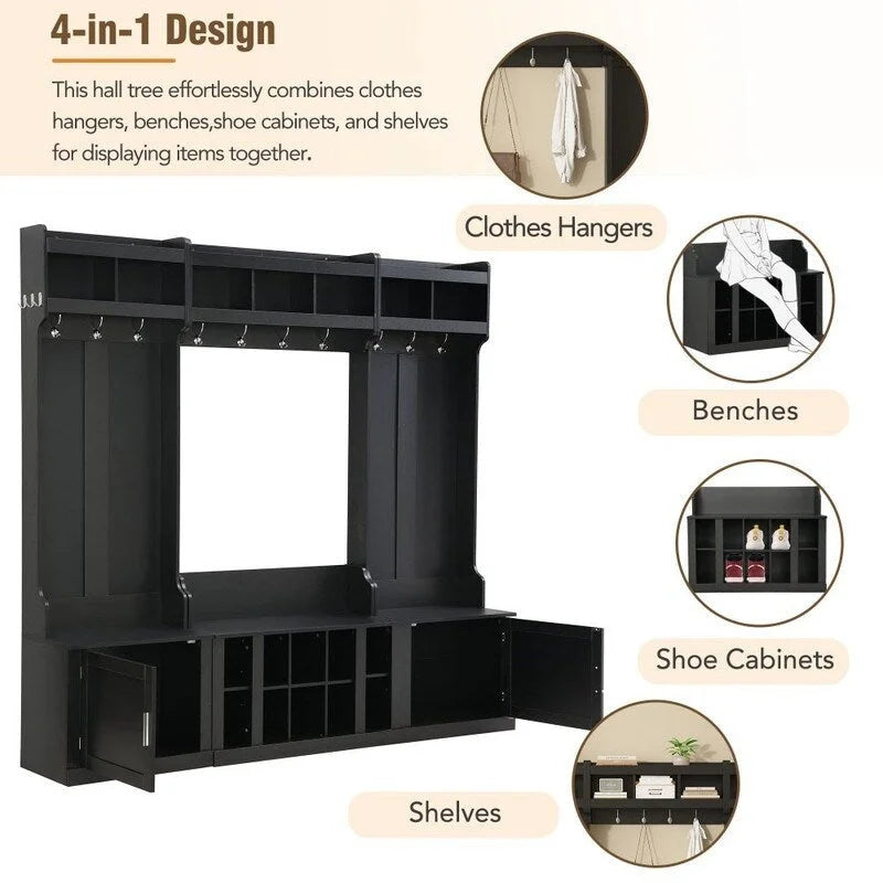 Meuble d'entrée 4 en 1 multifonctionnel avec porte-manteau et casiers à chaussures
