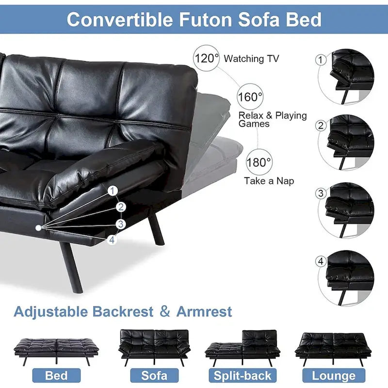 Canapé-lit futon, ensembles de futon en mousse à mémoire de forme en similicuir, canapé-lit convertible, canapé-lit 2 places pour petit espace