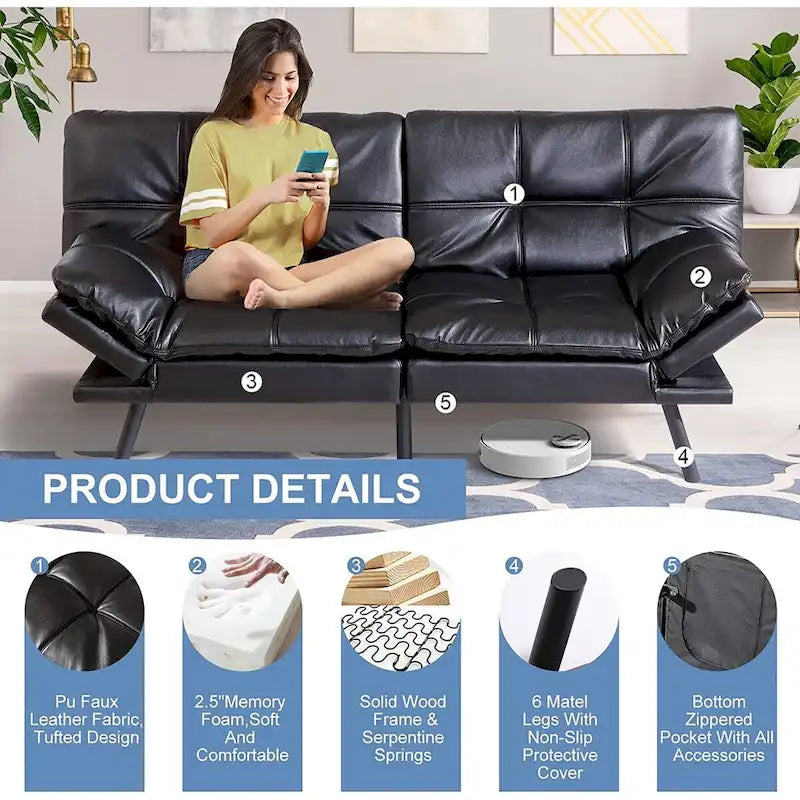 Canapé-lit futon, ensembles de futon en mousse à mémoire de forme en similicuir, canapé-lit convertible, canapé-lit 2 places pour petit espace