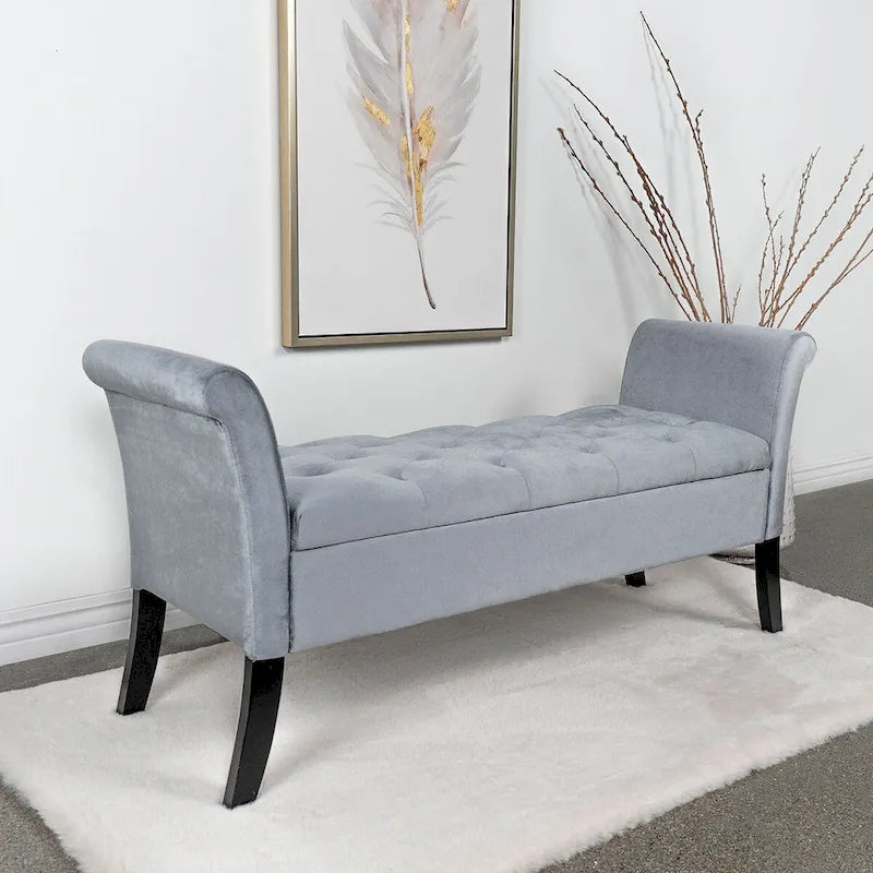 Banc de rangement en velours avec accoudoirs roulés