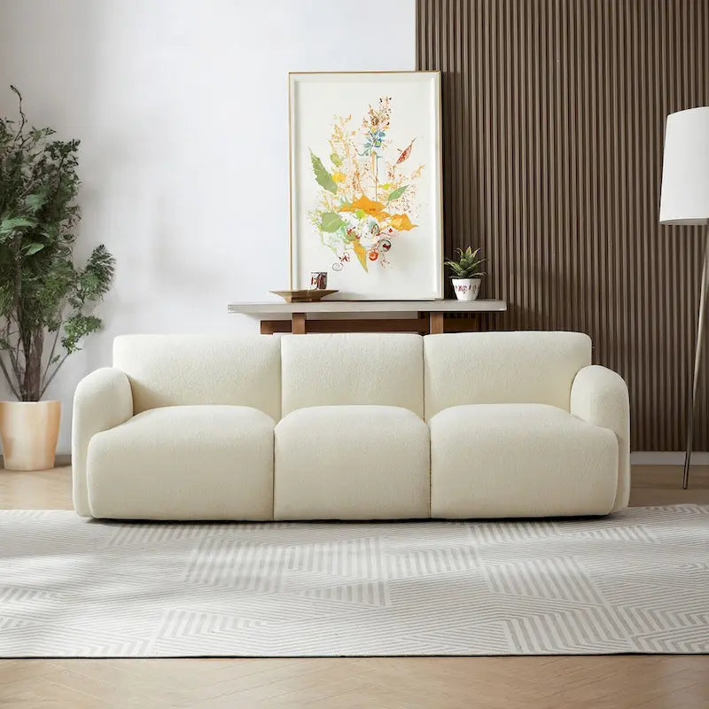 Canapé Bouclé Crème Touffeté Luxe Lumineux Milieu du Siècle Moderne