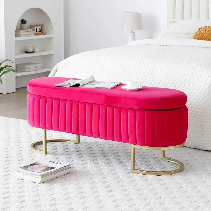 Banc de rangement pour chambre à coucher, banc capitonné ovale en velours pour bout de lit avec pieds en métal doré, banc ottoman de rangement 50