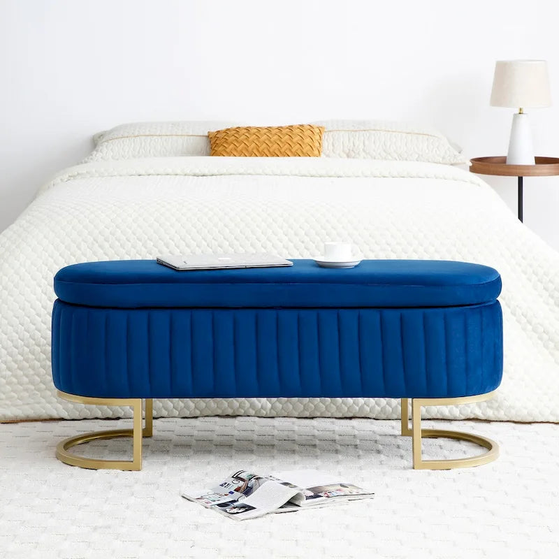 Banc de rangement pour chambre à coucher, banc capitonné ovale en velours pour bout de lit avec pieds en métal doré, banc ottoman de rangement 50