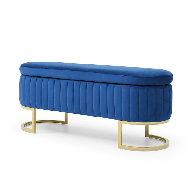 Banc de rangement pour chambre à coucher, banc capitonné ovale en velours pour bout de lit avec pieds en métal doré, banc ottoman de rangement 50