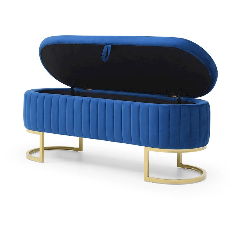 Banc de rangement pour chambre à coucher, banc capitonné ovale en velours pour bout de lit avec pieds en métal doré, banc ottoman de rangement 50
