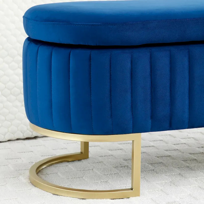 Banc de rangement pour chambre à coucher, banc capitonné ovale en velours pour bout de lit avec pieds en métal doré, banc ottoman de rangement 50
