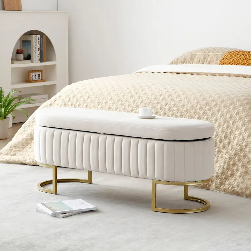 Banc de rangement pour chambre à coucher, banc capitonné ovale en velours pour bout de lit avec pieds en métal doré, banc ottoman de rangement 50