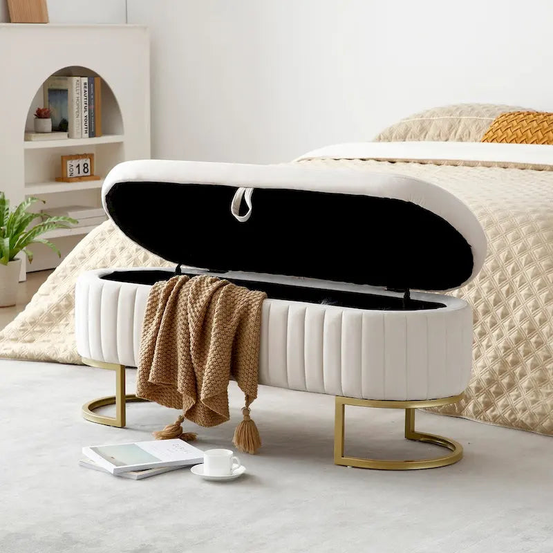 Banc de rangement pour chambre à coucher, banc capitonné ovale en velours pour bout de lit avec pieds en métal doré, banc ottoman de rangement 50