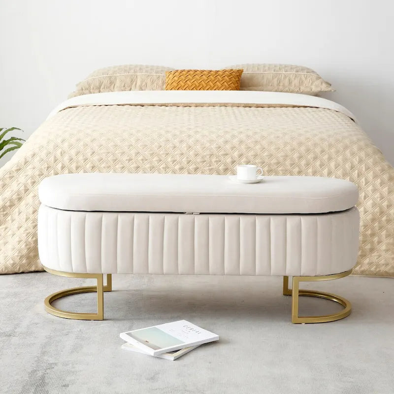 Banc de rangement pour chambre à coucher, banc capitonné ovale en velours pour bout de lit avec pieds en métal doré, banc ottoman de rangement 50