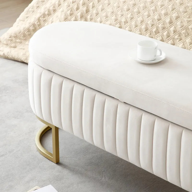 Banc de rangement pour chambre à coucher, banc capitonné ovale en velours pour bout de lit avec pieds en métal doré, banc ottoman de rangement 50