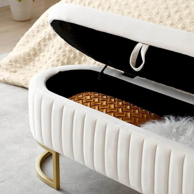 Banc de rangement pour chambre à coucher, banc capitonné ovale en velours pour bout de lit avec pieds en métal doré, banc ottoman de rangement 50